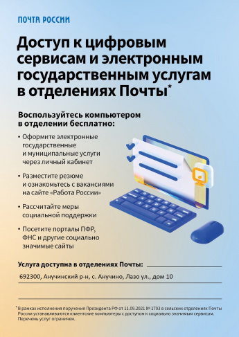 Доступ к цифровым сервисам и электронным государственным услугам в отделениях Почты России