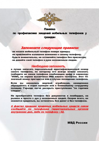 Памятка по профилактике хищений мобильных телефонов у граждан
